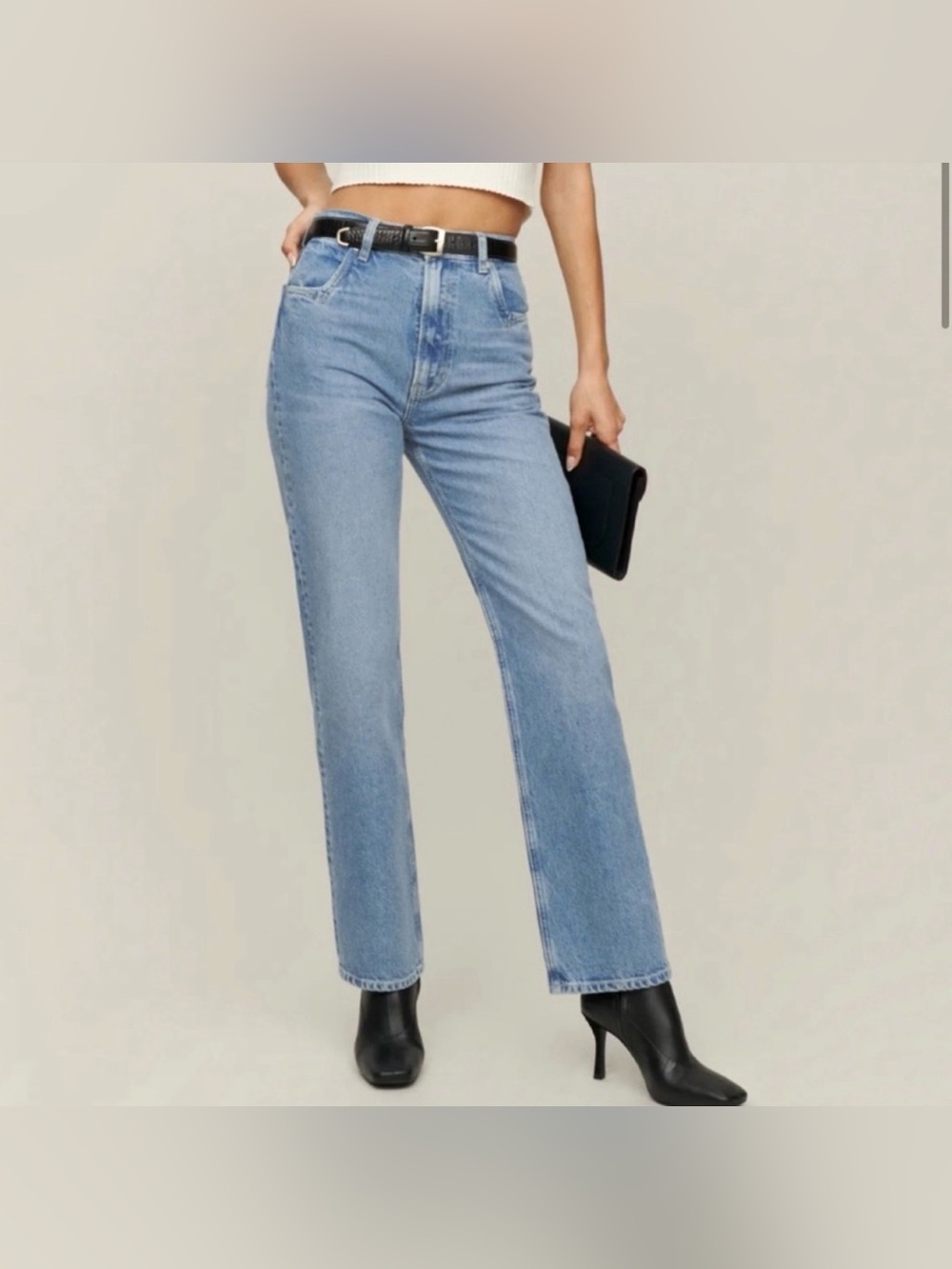 Reformation Cowboy Pointed Pocket High Rise Straight Jeans in Zuma Wash, Size 23